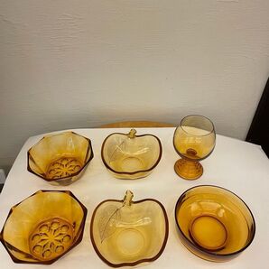 昭和レトロ ガラス器 アンバー 琥珀色 まとめ売り