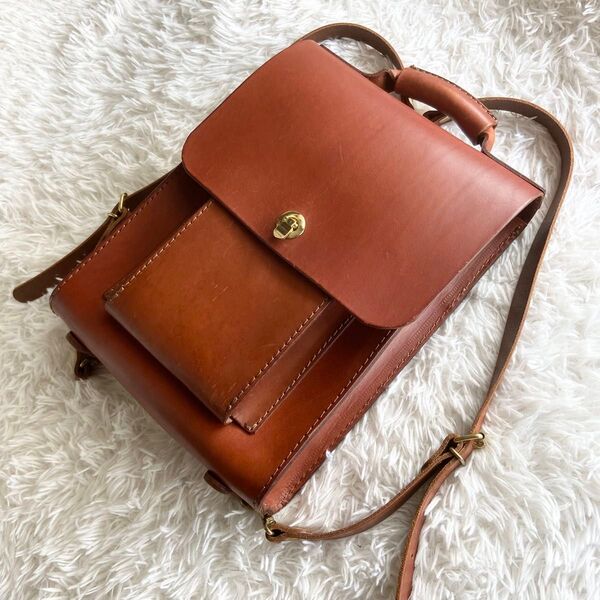 極美品 HERZ ヘルツ 縦型バッグ 3way リュック ゴールド金具 BC-105 チョコ