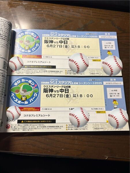 2枚セット 阪神vs中日 ウエスタン・リーグ公式戦 コクヨプレミアムシート入場券
