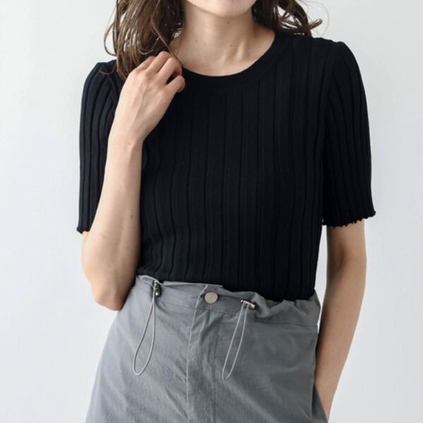 即発送【新品】lagemme ニット セーター サマーリブ トップス 半袖 ブラック