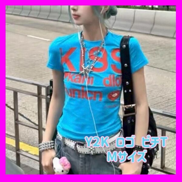 Y2K ロゴ ピチT グランジ 平成ギャル KISS 英字Tシャツ Mサイズ