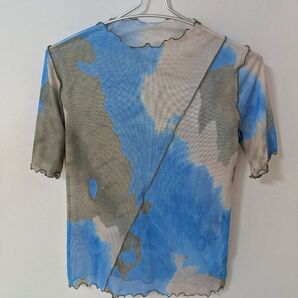 by YOUANCE バイユアンス シアー 配色メロー タイダイプリントT 半袖 ブルー カーキ F