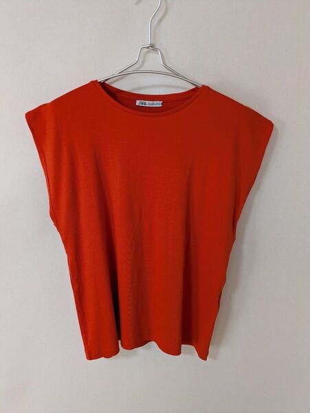 ZARA ザラ リブ ノースリーブ カットソー トップス コットン レッド LL