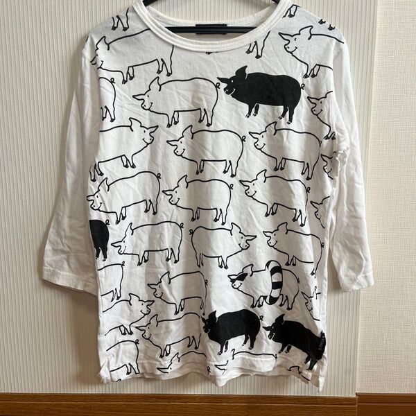 ドラッグストアーズ drugstores Tシャツ ぶたプリントカットソー 七分袖 Lサイズ