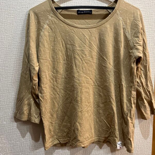 drug store's ドラッグストアーズドット柄 七分袖Tシャツ ベージュ Lサイズ