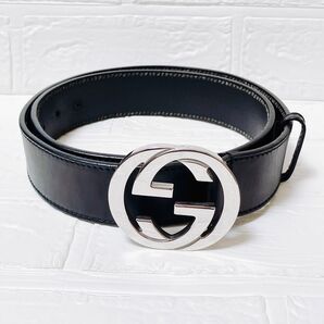 グッチ GUCCI レザー ベルト ブラック メンズ シルバー金具 MB21 インターロッキング