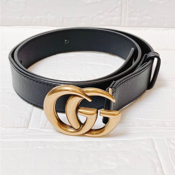 グッチ GUCCI レザー ベルト ブラック ゴールド金具 ON395 レディース GGマーモント
