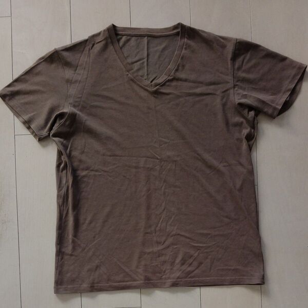 ユニクロ ドライカラー Vネック無地 半袖Tシャツ カットソー トップス ブラウンLサイズ◆送料無料