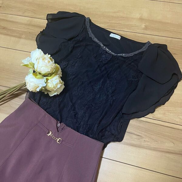 アクシーズファム axes femme フリルレース半袖トップス プルオーバー トップス カットソー ブラウス ブラック 黒