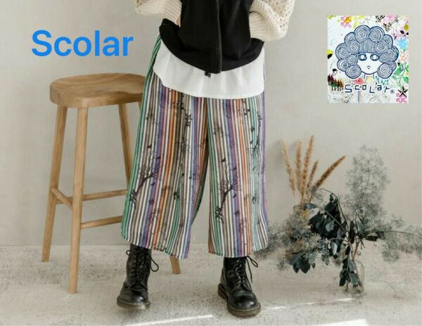 SCOLAR スカラー 線描きアニマル マルチストライプ柄レーヨンパンツ ワイドパンツ マルチカラー レディース Mサイズ