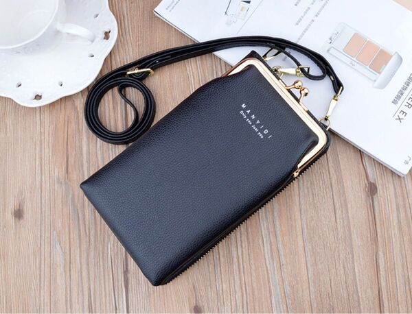 スマホが入る がま口タテ型 お財布 ショルダーバッグ 2way 長財布 ポシェット レディース おしゃれ /ブラック