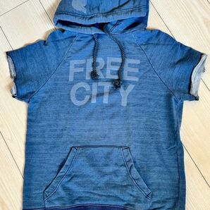 FREE CITフリーシティ スウェット半袖パーカー インディゴ染め
