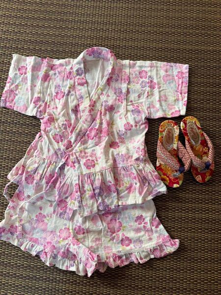 甚平 女の子 浴衣 上下セット 綿100 花火 草履 花柄 じんべえ 16 16cm 110 110cm マザーウェイズ