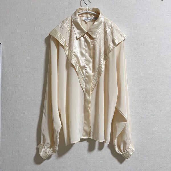 90s vintage フリルブラウス 刺繍 アイボリー KIARIS 生成 長袖シャツ