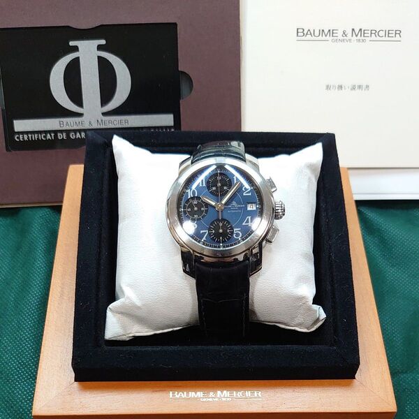 ボーム&メルシエ ケープランド クロノグラフ 自動巻 純正革ベルト 青文字盤 BAUME&MERCIER 付属品あり
