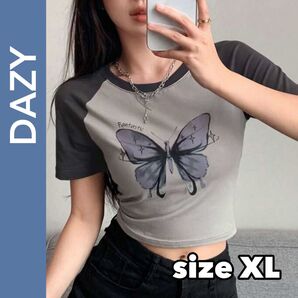 DAZY バタフライTシャツ クロップド 半袖 リブトップスチャコール グレー