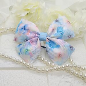 〈アジサイ・花柄〉リボンヘアゴム 大きめ