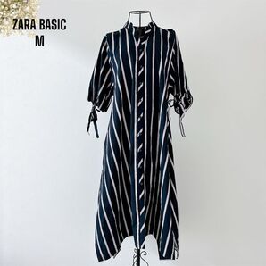ZARA BASIC ストライプ ロングシャツワンピース 袖リボン コットン M ワンピース シャツワンピース ロング
