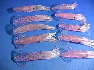 斑点ピンクイカ・10個　10cm イカベイト・イカワーム・ソフトイカ・根魚、青物、マダイ、真鯛、高速リトリーブで青物も
