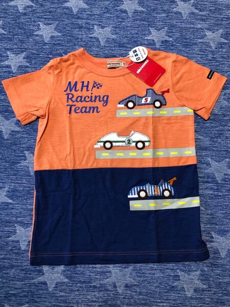 新品★110★ミキハウス★MHレーシングチームTシャツ★オレンジ×紺★夏お出掛け★ダブルBホットビ★おまとめ歓迎★CTN062