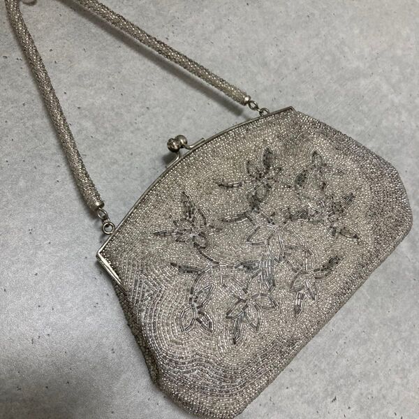 ビーズ刺繍 ハンドバッグ クラッチバッグ シルバー