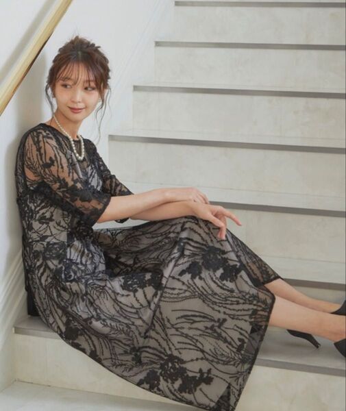 【niana】総レース バックリボン パーティードレス オケージョン 結婚式 お呼ばれ ロングワンピース 綺麗 大人 ブラック 黒