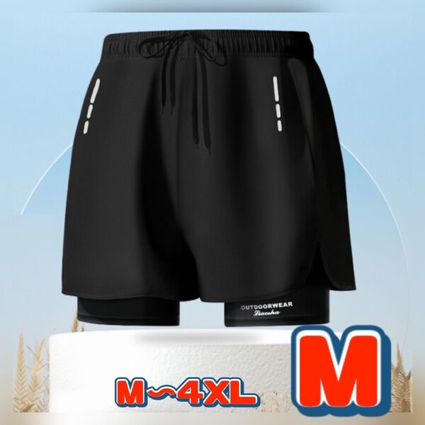 Mサイズ メンズ 海パン 一体型 水着 レギンス 黒 速乾 ショートパンツ