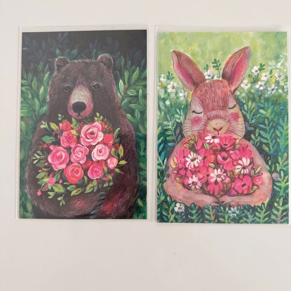未使用品 アーティスト 川越るみ ポストカード 2枚 絵葉書 くま・うさぎ 動物 花束