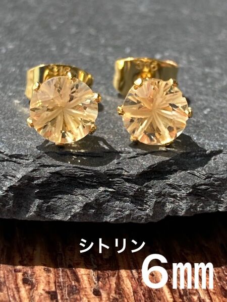 天然石☆シトリン(彫刻あり)のピアス6㎜☆サージカルステンレス
