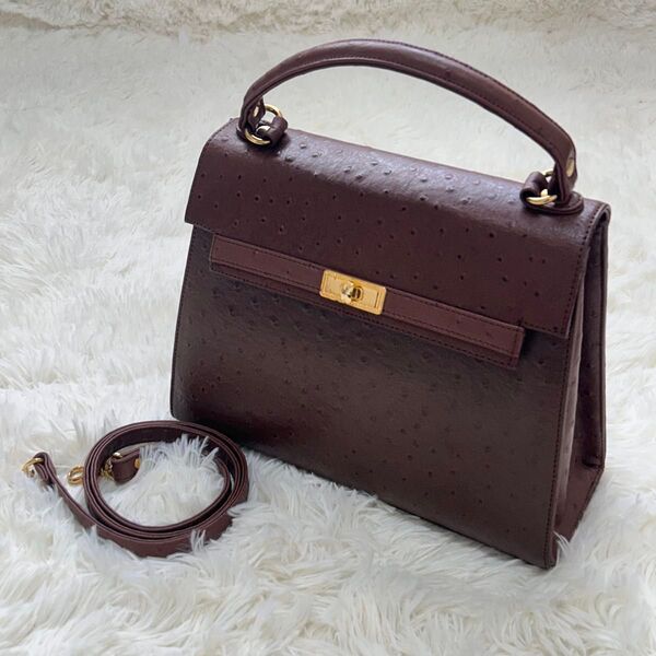 【オーストリッチ】ショルダーバッグ ハンドバッグ 2WAY ゴールド金具 鞄 レザー
