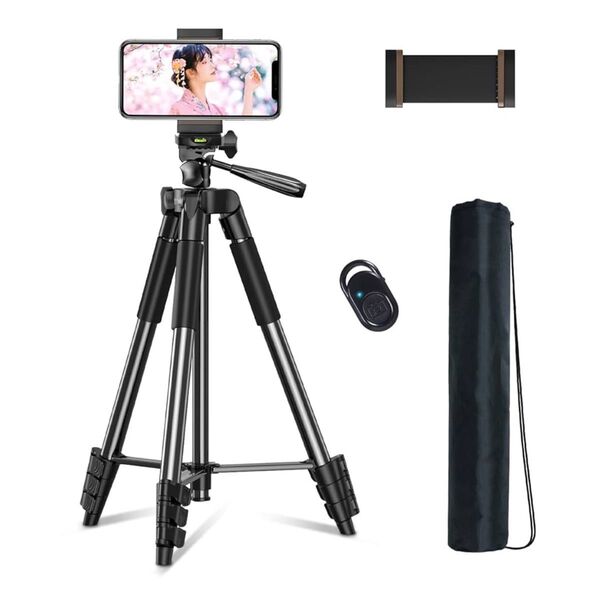 三脚 370g 5段階伸縮 スマホ三脚 スマホスタンド ビデオカメラ リモコン付き コンパクト 収納袋付き 3WAY雲台