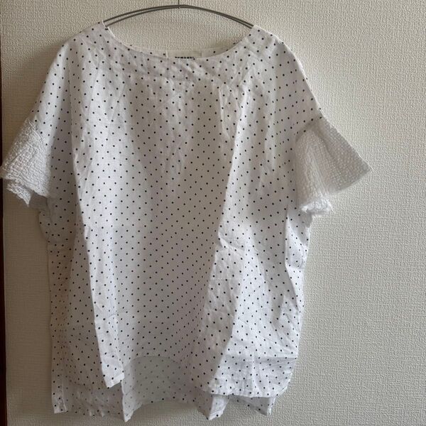tumugu: ツムグ リネン 半袖 シャツ ブラウス 麻 異素材 ドット Tシャツ 水玉 ホワイト
