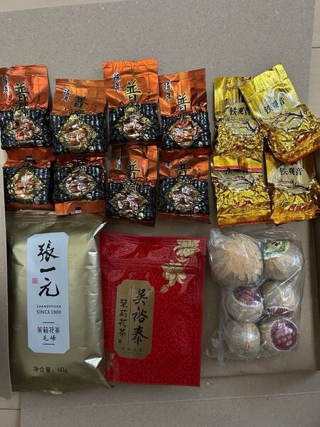 ジャスミン茶2点 毛峰 花茶 張一元 お茶小青柑6個 プアール茶8個 鉄觀音茶11g 4個 おまけ胡麻麦茶 15バッグ
