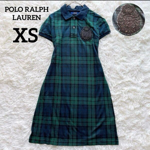 【美品】ポロラルフローレン マドラスチェック ポロシャツ ワンピース 半袖 グリーン XS レディース RALPH LAUREN