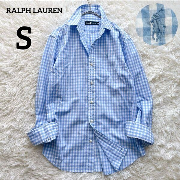 【美品】RALPH LAUREN ラルフローレン 長袖シャツ ブルー レディース ボタンダウン ポニー ロゴ刺繍 ギンガムチェック