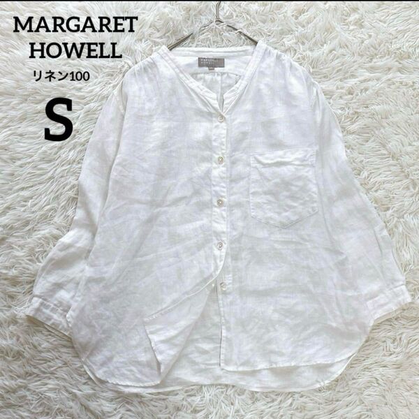 【美品】MARGARET HOWELL マーガレットハウエル リネン100 バンドカラー 七分袖シャツ S レディース 麻 長袖
