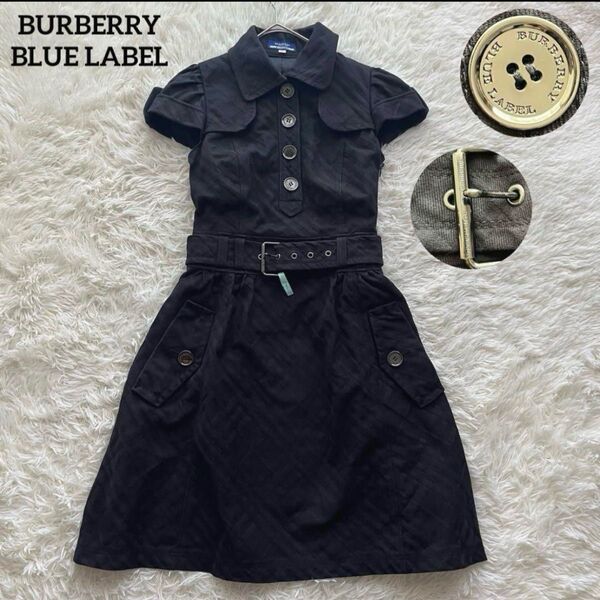 【美品】BURBERRY バーバリーブルーレーベル 半袖 シャツワンピース M 黒 38 レディース ベルト付き シャドーチェック