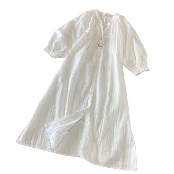【新品】UNIQLO ユニクロ ワンピース 羽織り ロング ホワイト系 ゆったり 綿100% サイズM