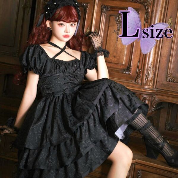 ロリータワンピース 黒 ミニ丈 Lサイズ 半袖 ブラック リボン コスプレ