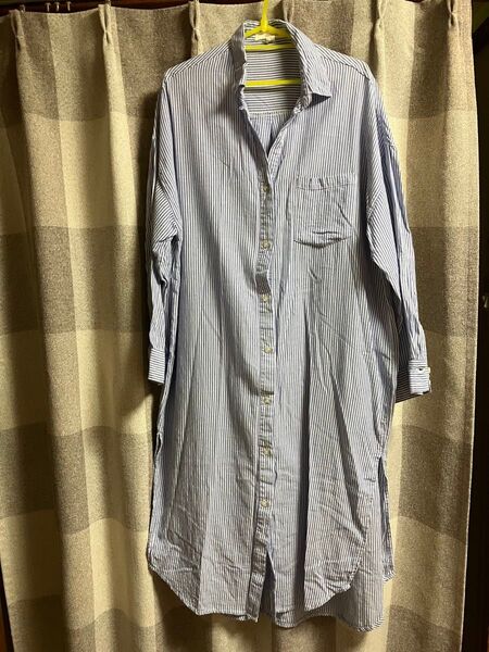 綿100% 長袖 ロングシャツ シャツワンピース ブルーストライプ Lサイズ