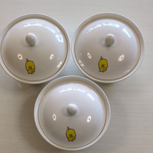 チキンラーメン ひよこちゃん 17cmどんぶり鉢 3個セット 蓋付き ホワイト 未使用に近い