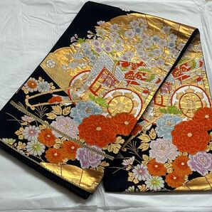袋帯 正絹 刺繍 扇 牡丹 桜 橘 金糸 銀糸 フォーマル