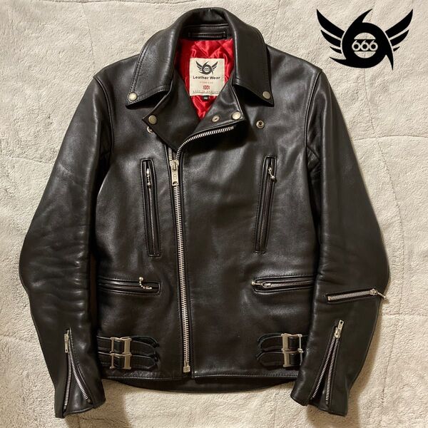 美品 666 シックスシックスシックストリプルシックス ダブルライダースレザージャケット ロンジャン パキジャン本革 サイズ32