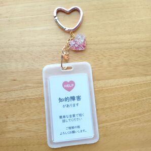 知的障害があります」ヘルプマークケース ヘルプカードサポートキーホルダー ドライフラワーのハートチャーム付ハートカラビナタイプ