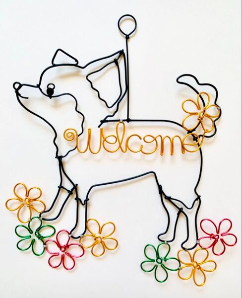 ワイヤークラフト welcome お花 チワワ ワイヤーアート