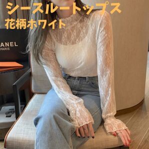 【新品】 シアートップス Mサイズ 花柄 ホワイト シースルートップス カットソー 長袖