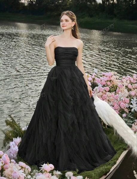 カラードレス ウェディングドレス レイヤー ラッフル チュールスカート 結婚式 卒業式 晩餐会 花嫁 前撮りブラックドレス