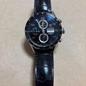 超美品! タグホイヤー カレラ キャリバー16 クロノグラフ 自動巻き ブラック文字盤 レザーベルト 裏スケルトン