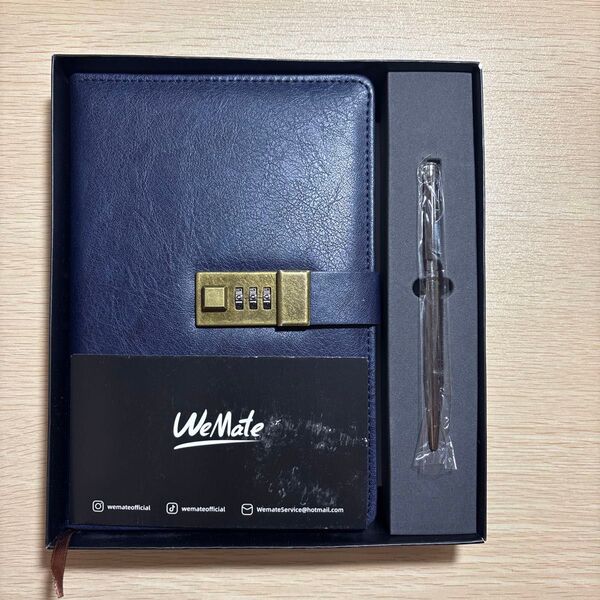 WEMATE 日記帳 鍵付きノートA5 レザーダイアリー ダークブルー ネイビー