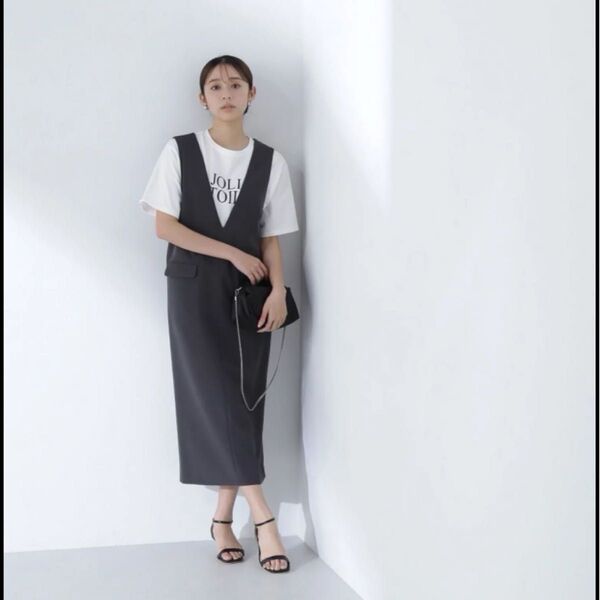 NATURAL BEAUTY BASIC Vネックストレートジャンスカ ジャンパースカート ロングワンピース グレー